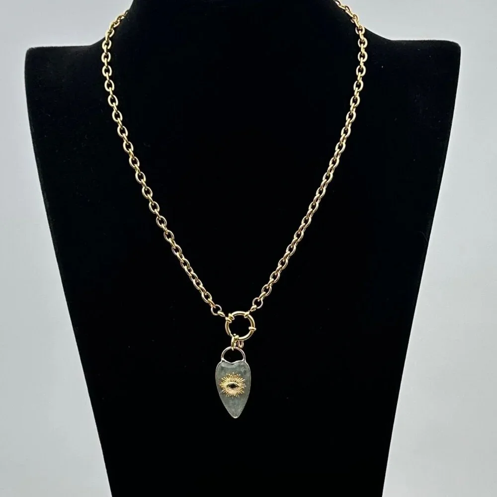 Aventurine Gemstone Heart Evil Eye Pendant Necklace 18K Gold Plated Chain 19" - Picture 8 of 9